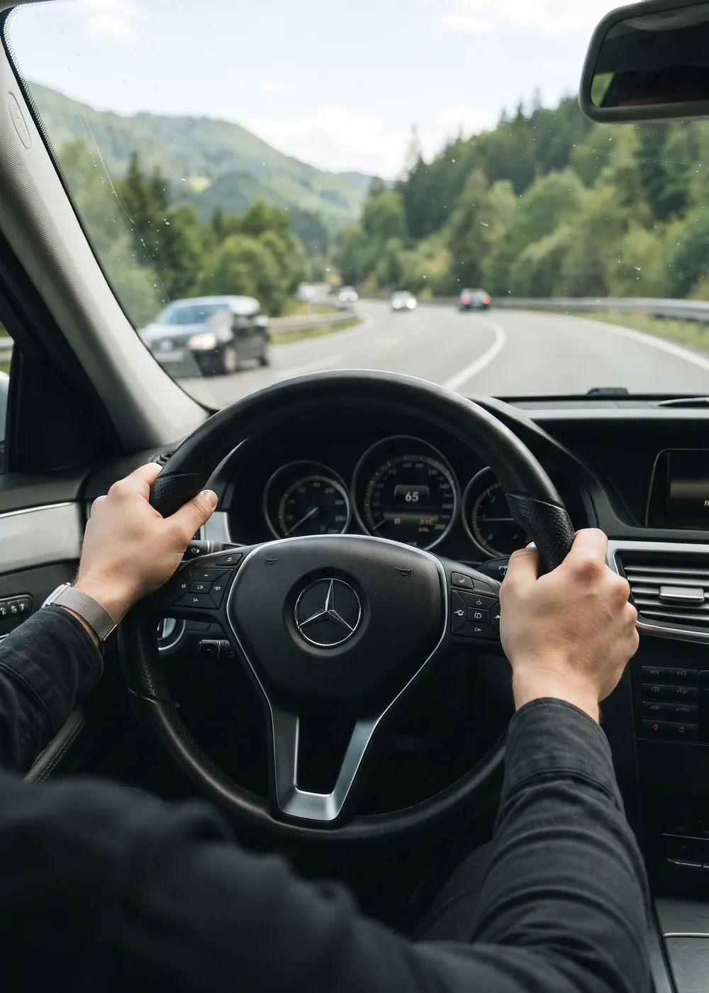 View from the driver's seat: hands on the steering wheel on a winding, tree-lined mountain highway